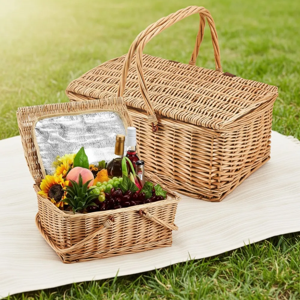 

Vintage Woven Picnic Basket with Insulated Cooler Lid - 2 Pcs Set for Outdoor Camping Beach Party Romantic Gift