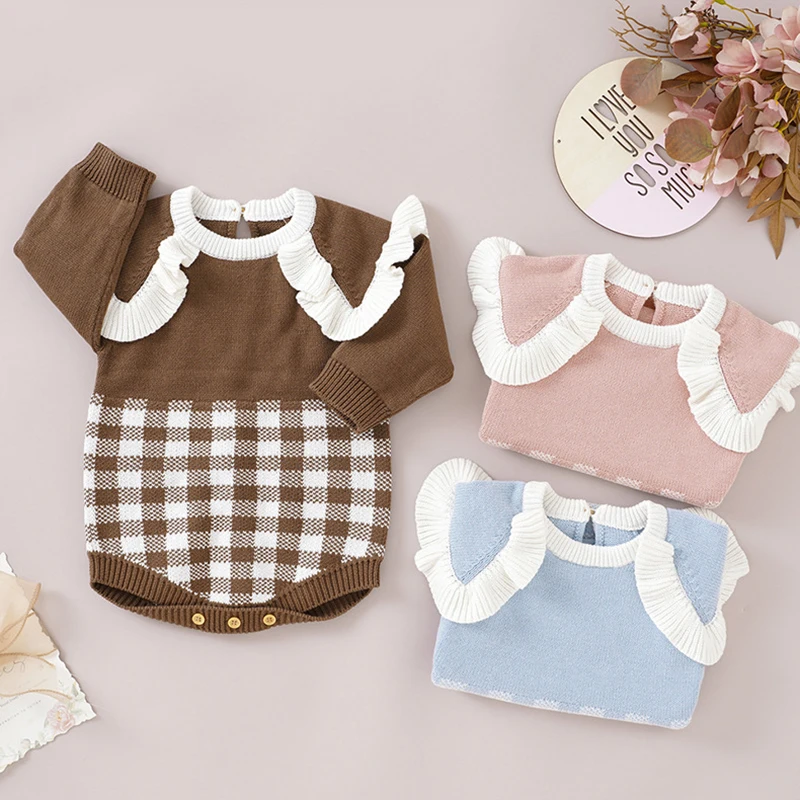 Autumn Winter Newborn Kids Baby Girls Long Sleeve Sweet Grid Knit Rompers Infant Baby Girl Children Clothes Rompers