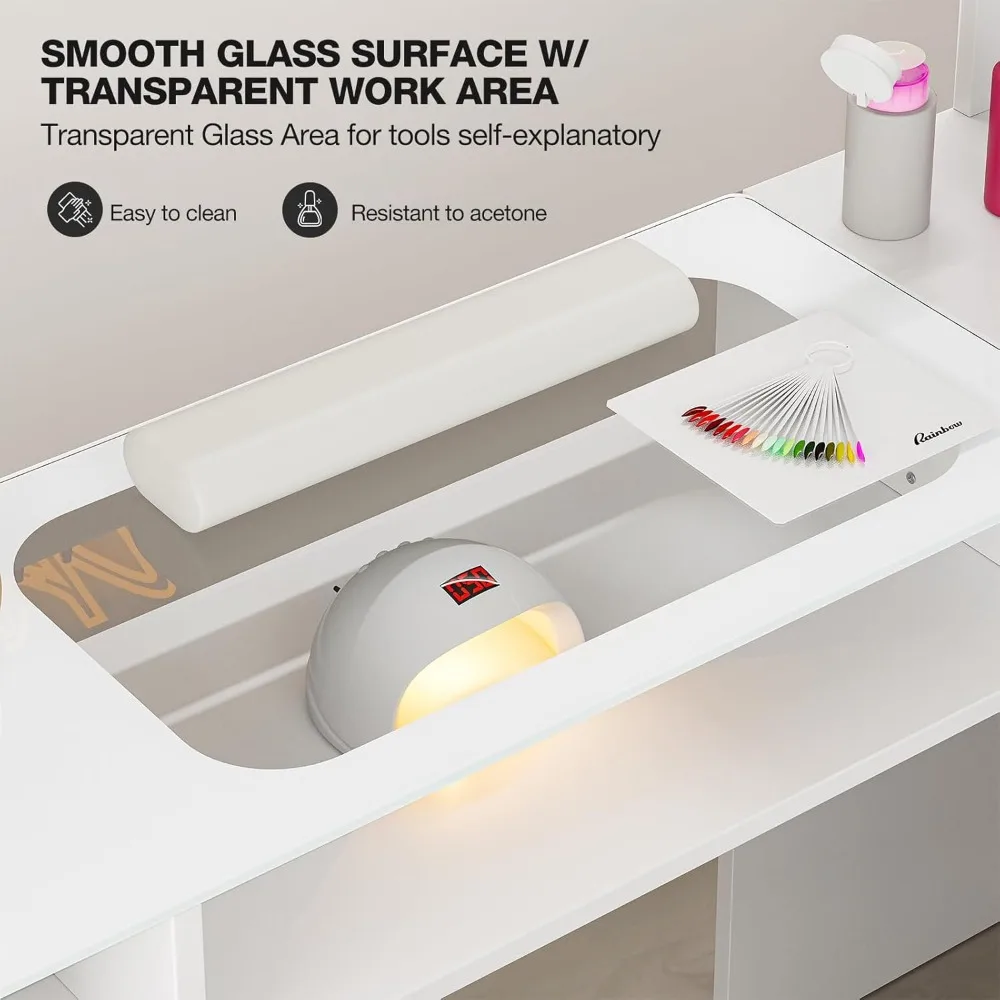 طاولة مانيكير مع ضوء LED، طاولة تكنولوجيا الأظافر على شكل حرف L مع رفوف تخزين، باب الخزانة لأعلى، وقاعدة أظافر الزاوية #5