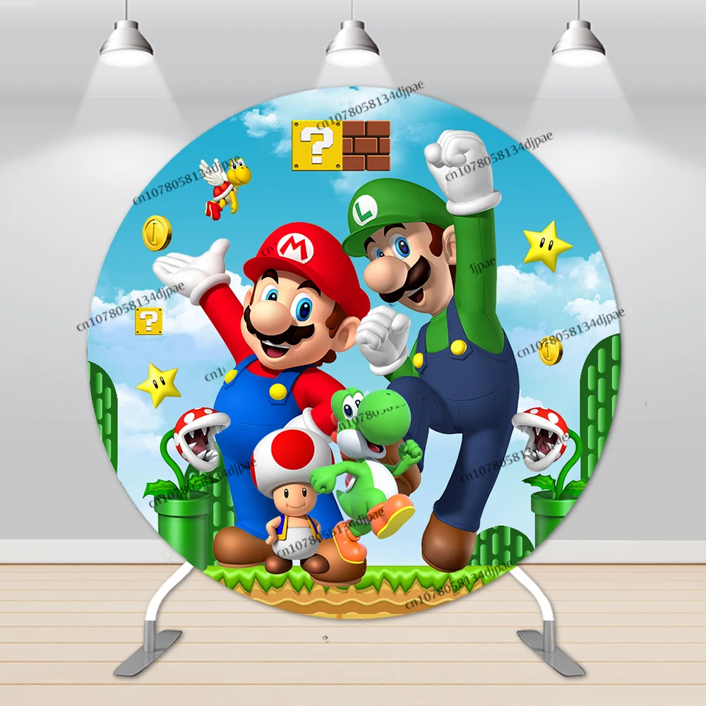 Super Mario Bros Children Party Round Backdrop Decorations Boy Birthday Background Plinth Cylinder Pedestal Cover Photo Banner