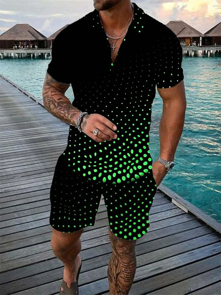 Men's Fashion Poker Printed Lapel Short Sleeve Loose Shorts Set Fashion Zipper Polo Shirt Short Sleeve Vacation Two Piece Set