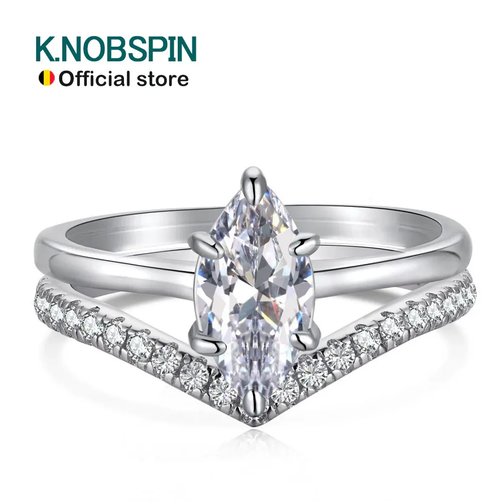 KNOBSPIN D VVS1 1ct Marquise Cut Moissanite Ring GRA s925 Sterling Silver Plated 18k Diamond Stacking Engagement Rings for Women