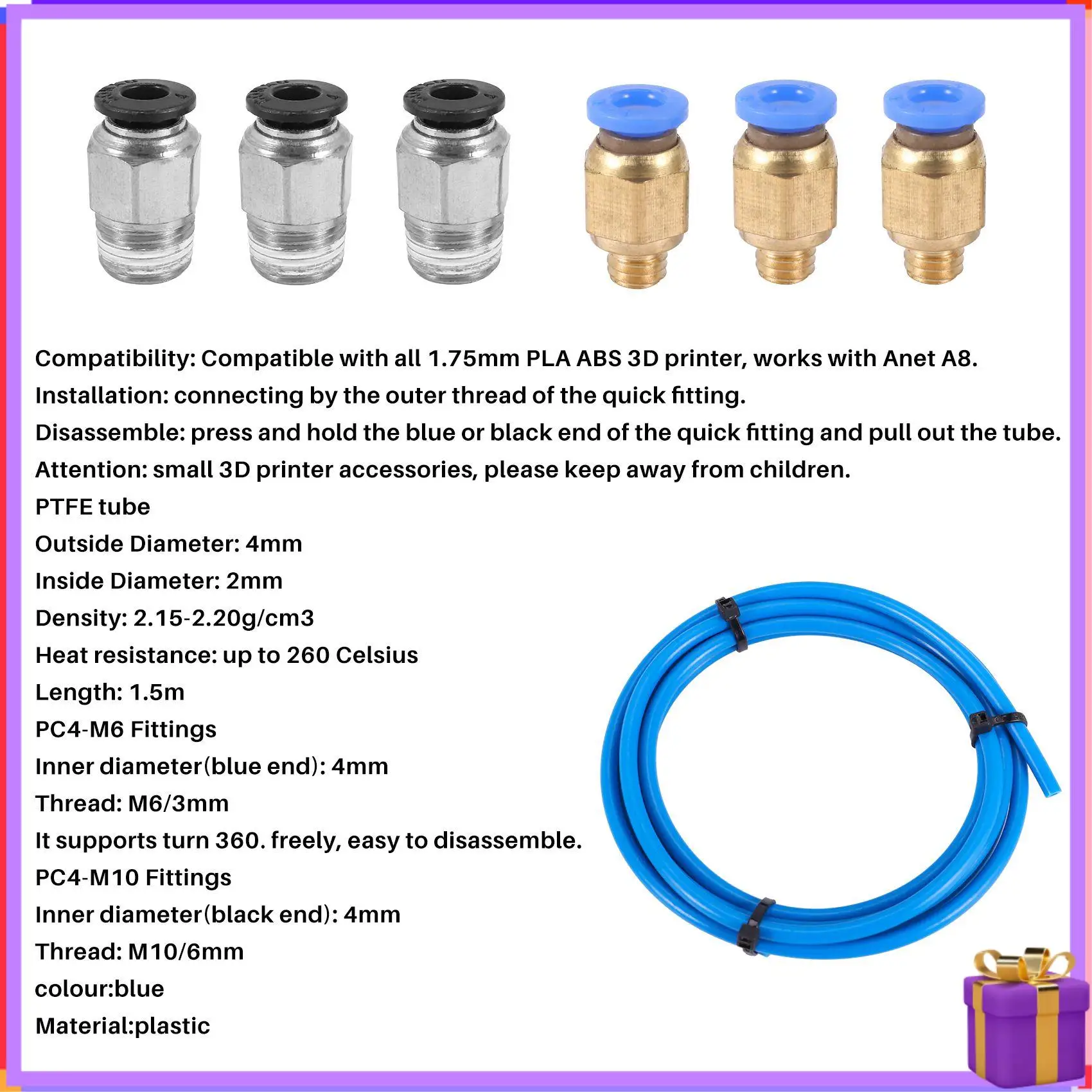 Tubo de ptfe avançado tubo azul ptfe (1,5 metros) com 3 peças de acessórios Pc4-M6 e 3 peças Pc4-M10 macho reto pneumático pefe