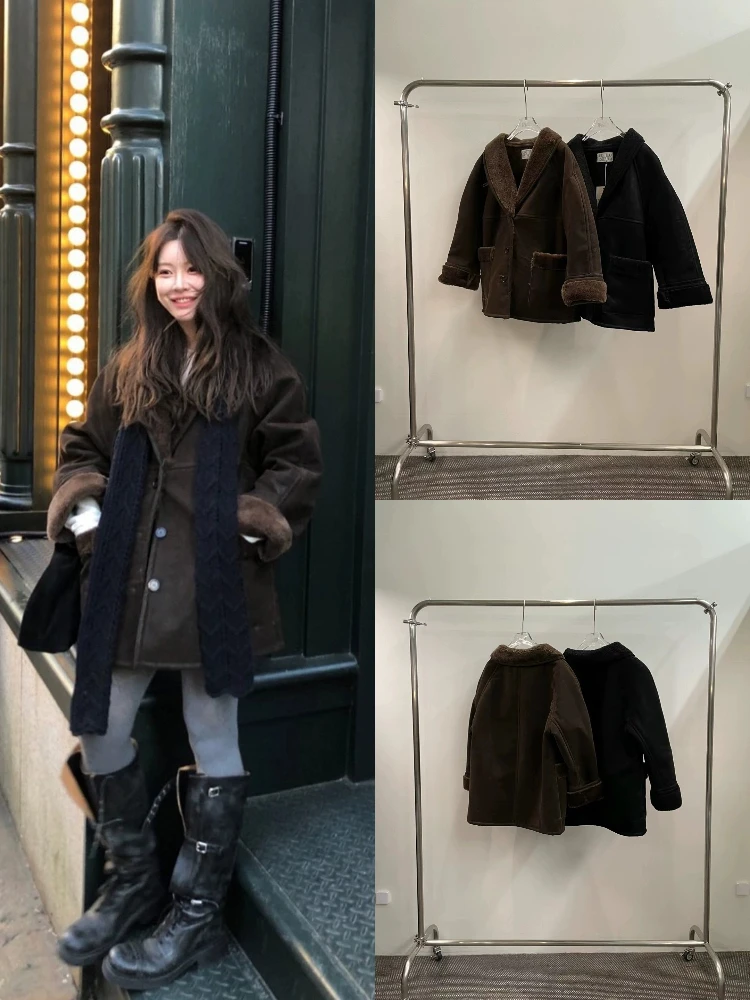 معطف نسائي من جلد الغنم PU فضفاض مناسب عتيق معطف دافئ طويل بأزرار إغلاق متوسطة الطول #1