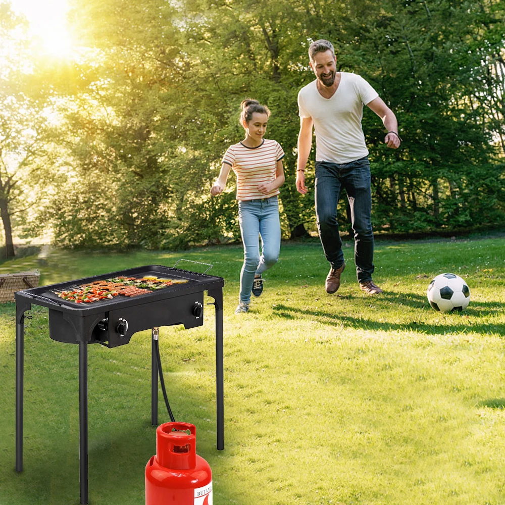 

Outdoor Camp Stove High Pressure Propane Gas Cooker Portable Cast Iron Patio Cooking Burner (Double Burner 150000-BTU)