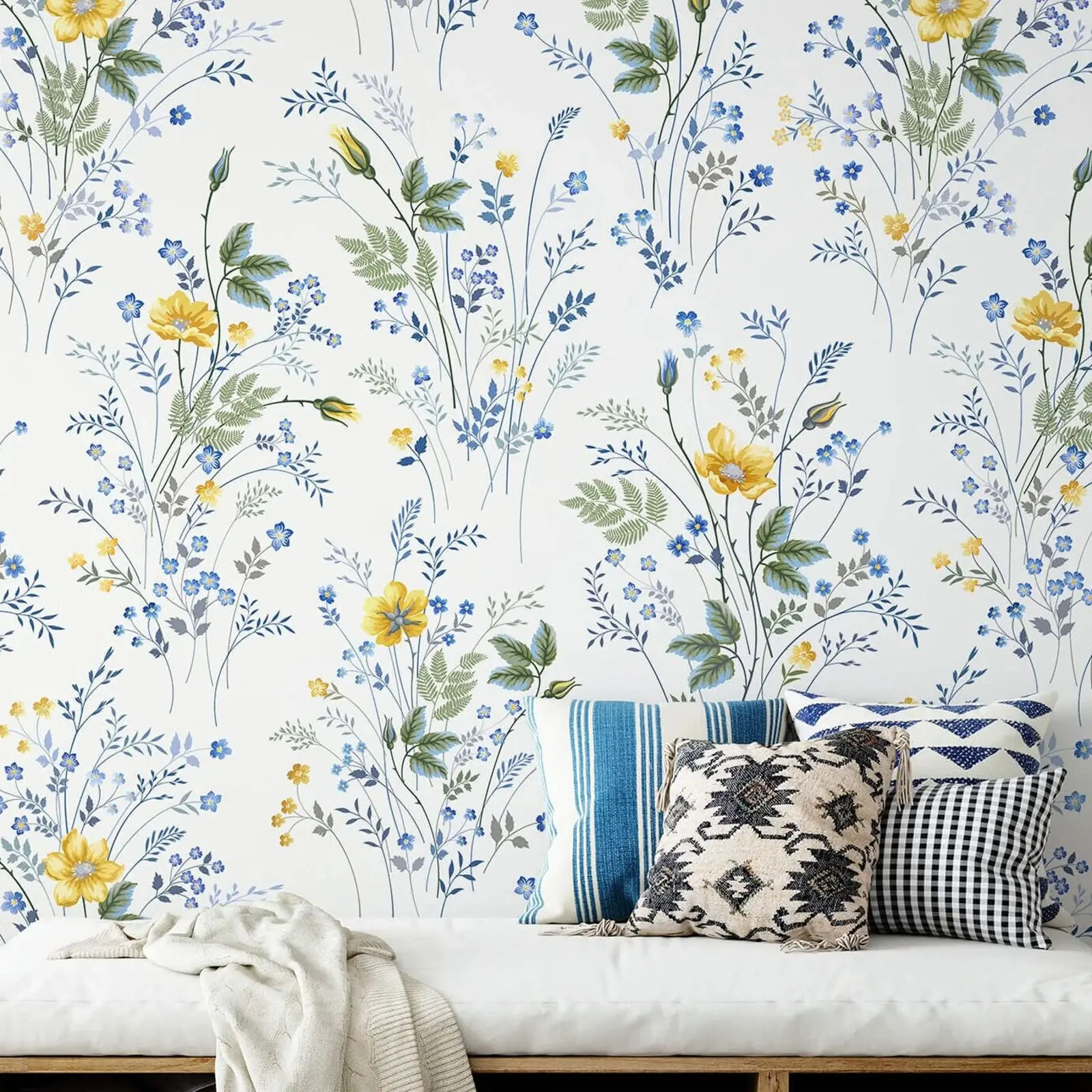 

Летние цветочные обои «Луг», акварельные желто-синие цветы, фреска для детской комнаты с подсолнухами, самоклеящиеся или традиционные