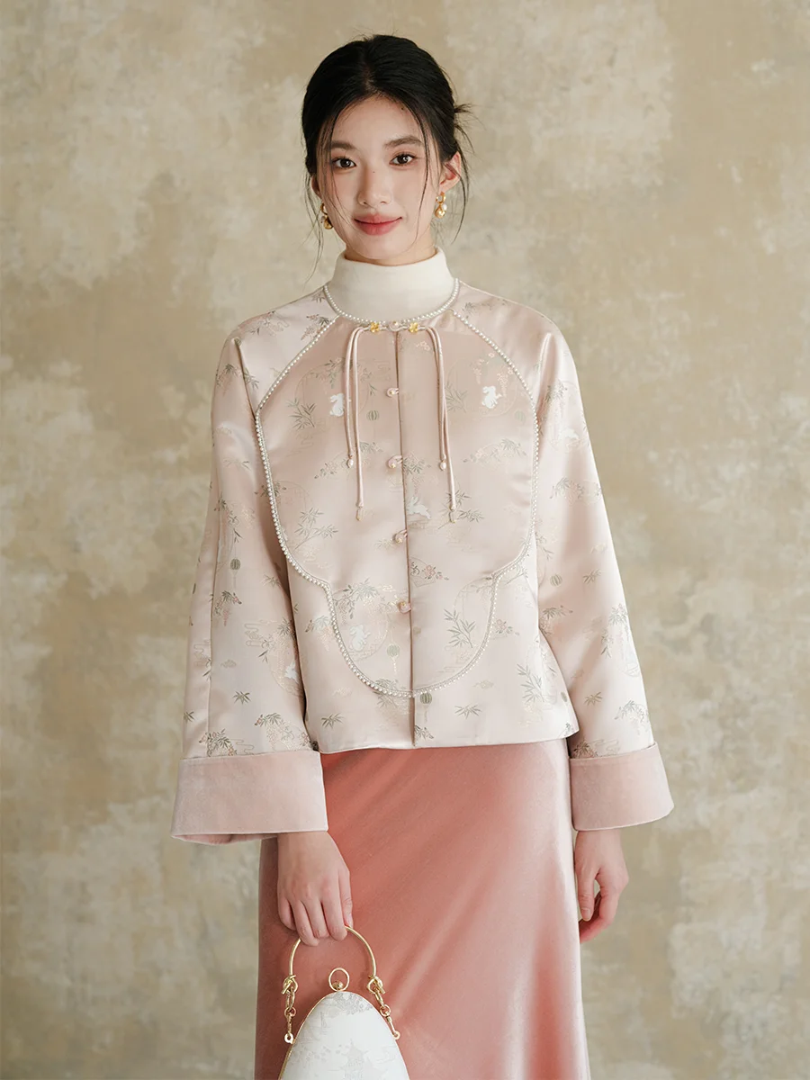 

Ele round Ne Chinese Sle Women's Jaet Pink Woven Gold Flower Tea Costume Spring New Arrival Casual Outerwear