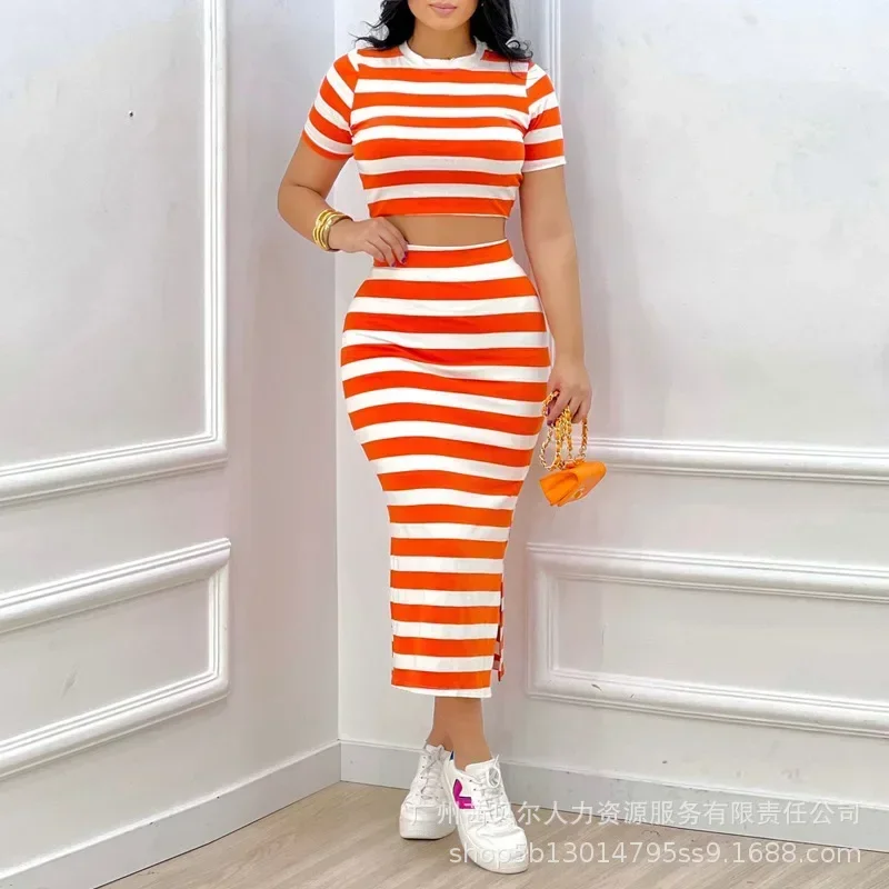 Striped Dress Sets 2023 Two Piece Set Summer Crop Top Print Women Drawsting Split Skirt Set Tops Beach Hip Wrap Matching Sets