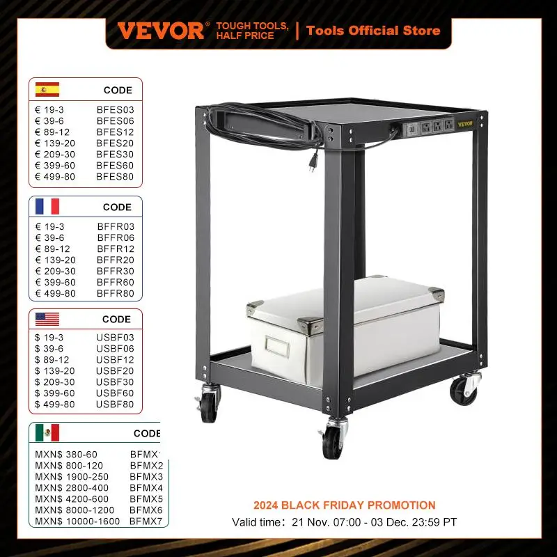 VEVOR AV Cart 26Inch Height Media Cart w/ Power Strip Presentation Cart w/ Shelves Casters Locking Brakes for Offices and School