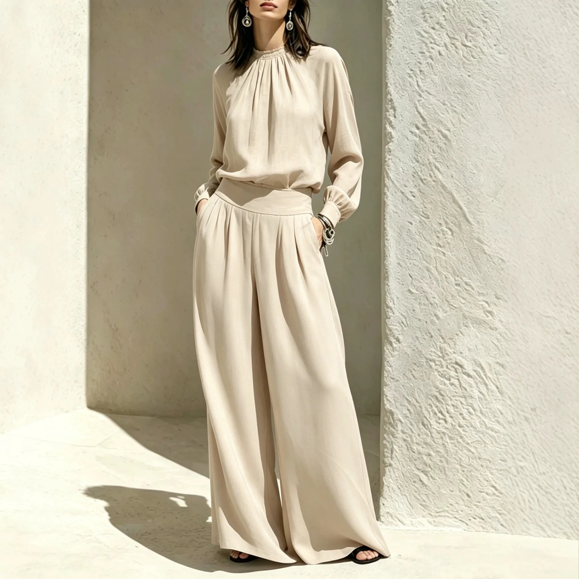 Otoño 2026. Nuevo conjunto de ropa de alta calidad con cuello alto y diseño aleatorio para mujer: blusa holgada y pantalones de pierna ancha. Vestido Maxi de Verano Y2k, Midi