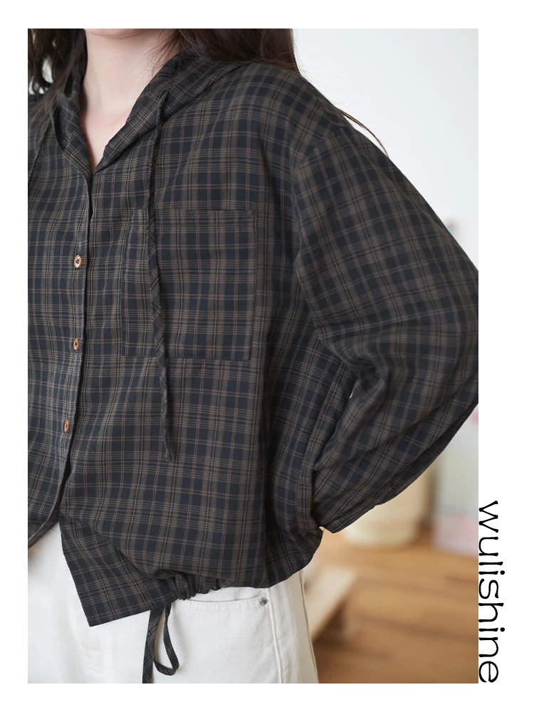 

Женская верхняя одежда в клетку с капюшоном в стиле ретро, тонкий длинный све, свободный крой, весенне-осенний хлопковый повседневный топ Faion