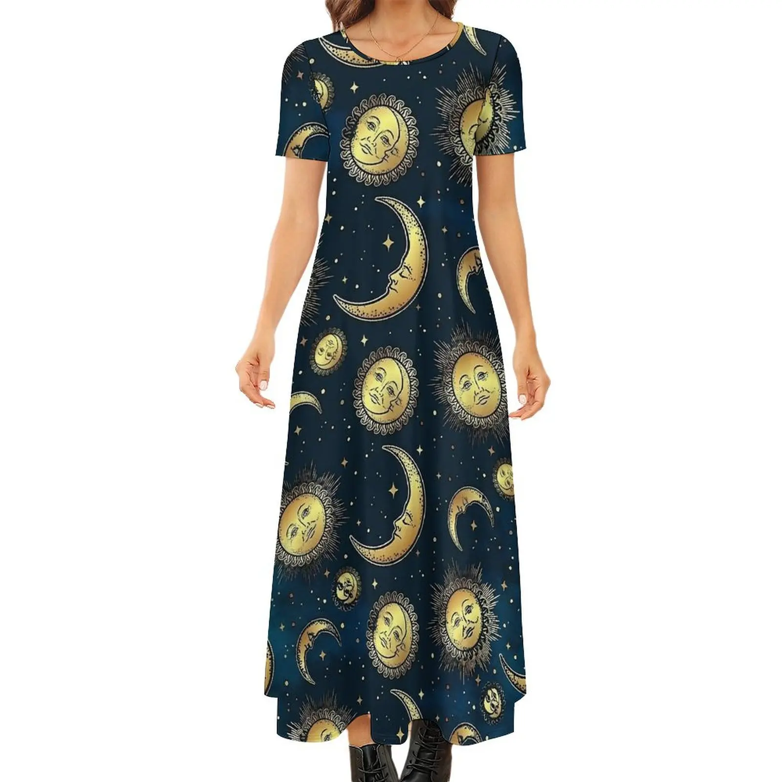 Anni '90 Celestial Sun And Moons Dress Kawaii Maxi Dress Street Style Boho Beach Abiti lunghi Donna Manica corta Abiti oversize