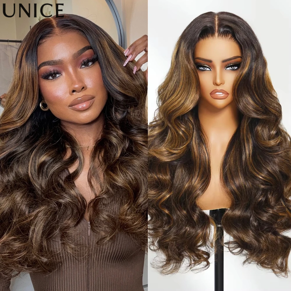 UNice No-Slip 7x5 Lace Glueless Balayage Highlight Body Wave Wig Human Hair With Drawstring Wear Go Glueless Wig 150% Density
