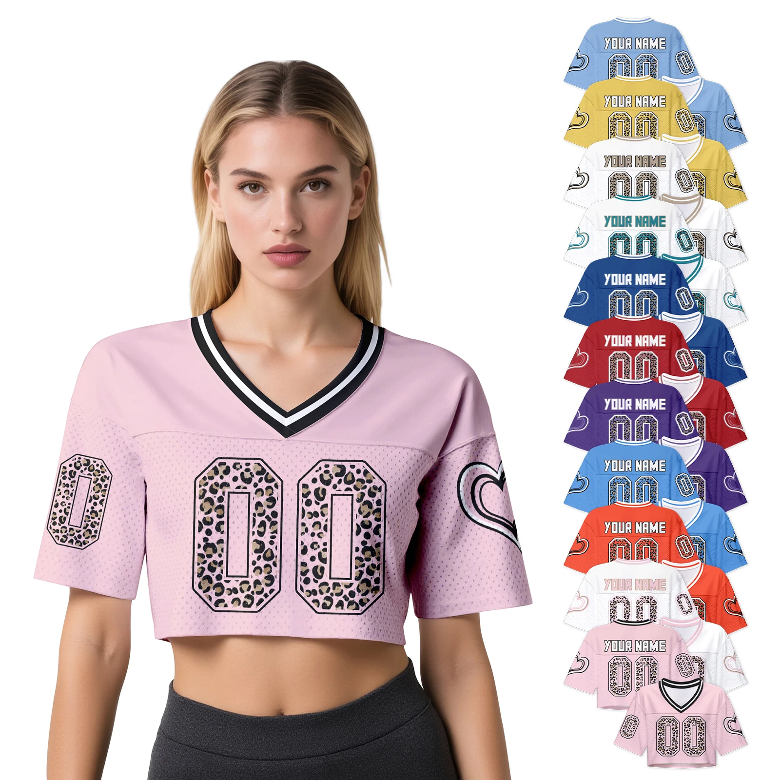 Camiseta de Fútbol Corta Personalizada para Mujer, Diseño de Leopardo y Corazón, Nombre y Número Personalizados, Top Informal de Manga Corta
