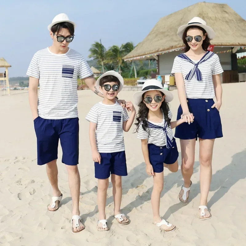 Family Matching Sailor StyleDaughter Son Cotton T Shirts + Shorts Two Piece Outfit Clothes Sets Vacation Look Mother Father and