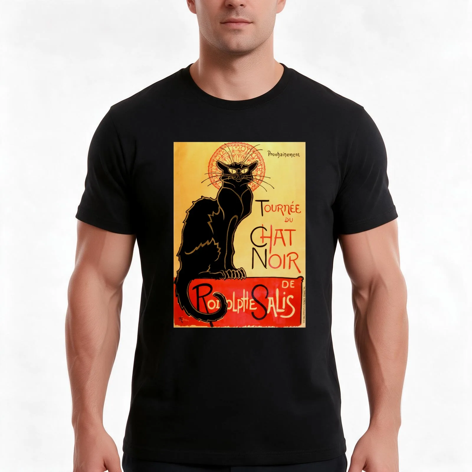Camiseta de algodón de estilo casual para el verano con estampado de gato negro de la colección Art Nouveau, camiseta de corte amplio de estilo urbano, estampado gráfico de estilo vintage.