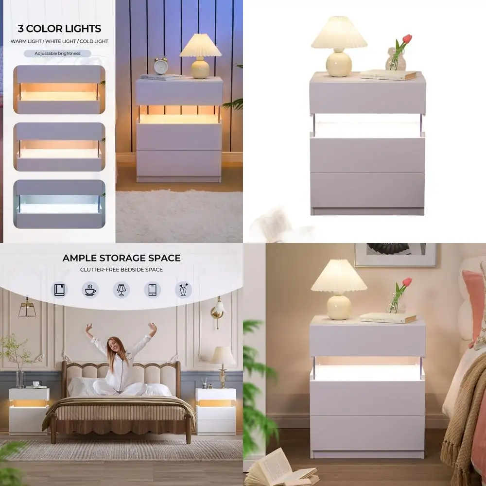

Contemporary LED-lit Nightstand with 3 Wooden Drawers for Bedroom, Bedside, or End Table