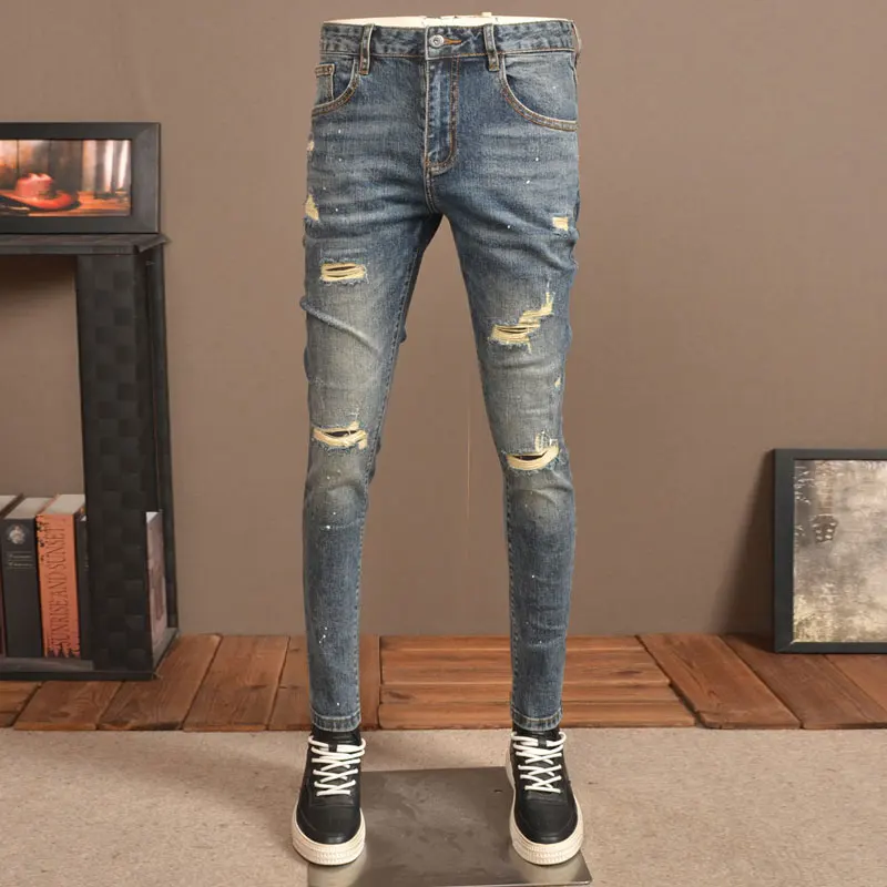 Retro Deep Blue Slim Fit Men's Jeans Y2KFashion Designer Elastic Pencil Pants Scratch Effect for Stylish Men