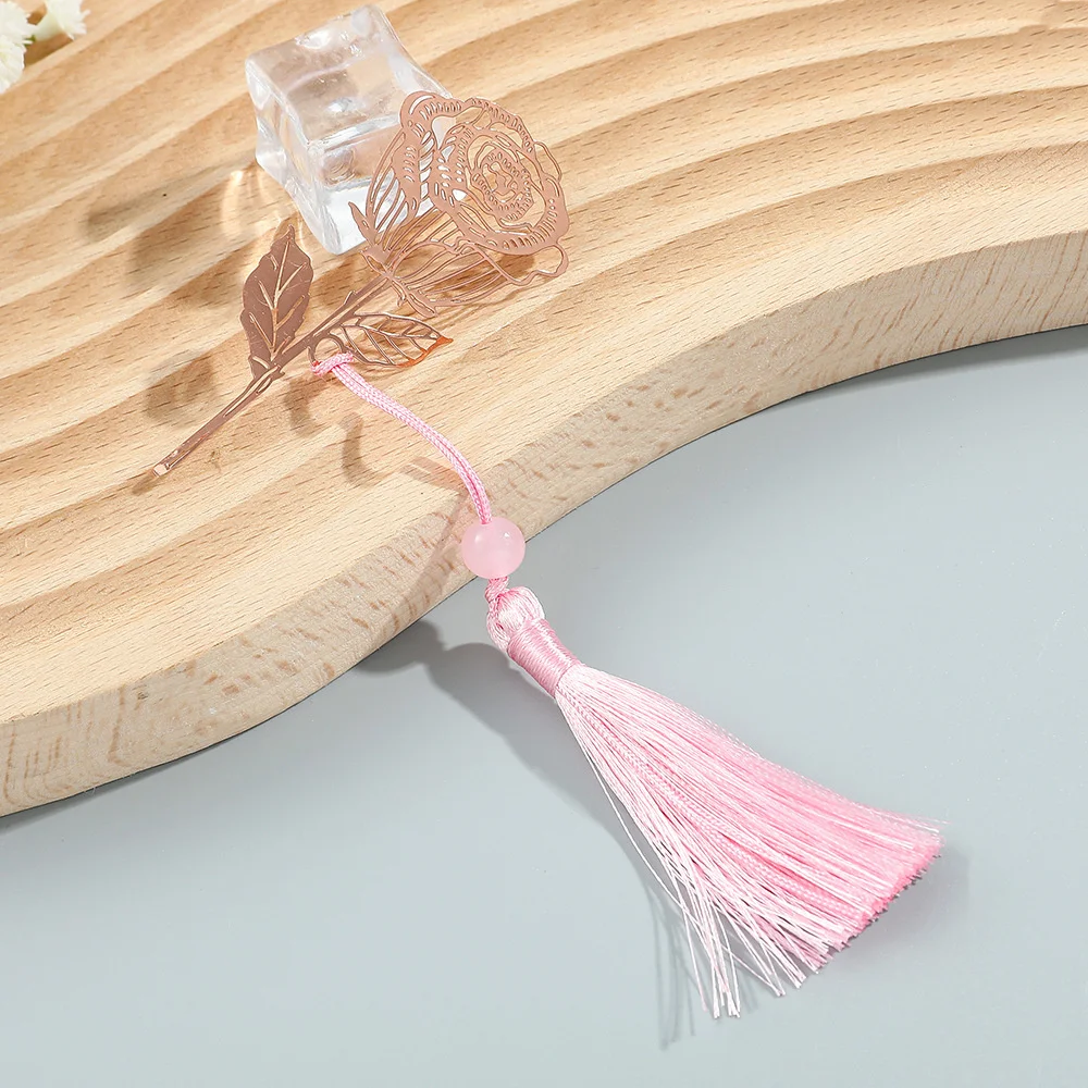 Rose Gold Color Hollow Animal Flower Plant Metal Bookmarks With Pink Tassel For Book Lover Mark Gifts Collection