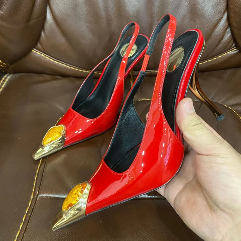 Liyke Runway Fashion Gem Metal Pointed Toe Patent Leather Women Pumps Red High Heels Wedding Party Shoe Slingback Sandal Size 42