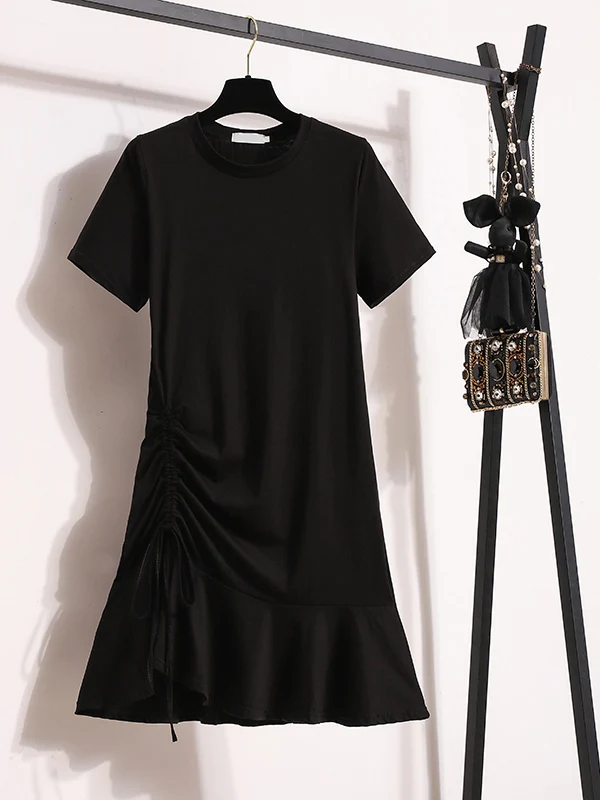 Black Midi T-Shirt Dress Women Summer New plus Size Design Sense Drawstring Lace Trim Dress Commute Simple High Waist A-Line ...