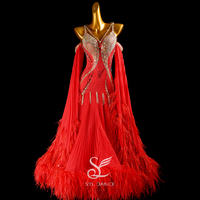 SYL red pearl chiffon backless feather boas sew-on stone standard dance dress woman competition ballroom dress woman