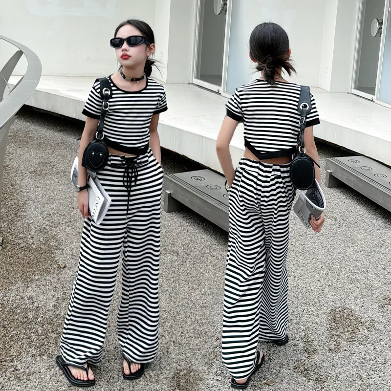

Summer junior Girls Stripe clothes Set cotton Irregular short T-shirt+Wide leg pants 2pcs 10 12 14 teen kids suit child outfits