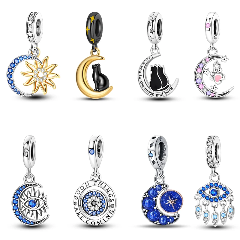 

100% 925 Sterling Silver Sparkling Cat Moon Sun and Stars Charms Pendants Fit Pandora 925 Original Bracelets DIY Fine Jewelry