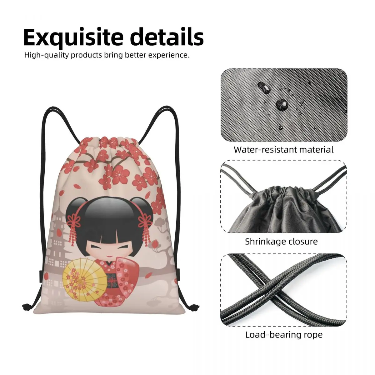 Kawaii Kokeshi Doll Cherry Blossoms Drawstring Bags for Training Yoga Backpacks Japanese Geisha Girl Art Sports Gym Sackpack