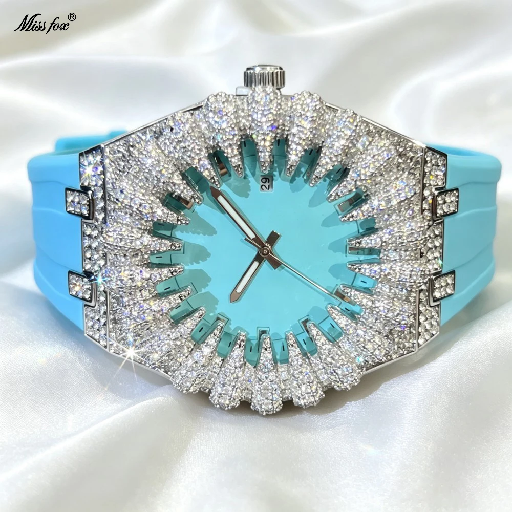 New Design Iced Diamond Watches Men Sky Blue Fashion Waterproof Quartz Clocks Hip Hop Gold Jewelry Missfox Wristwatch Gifts