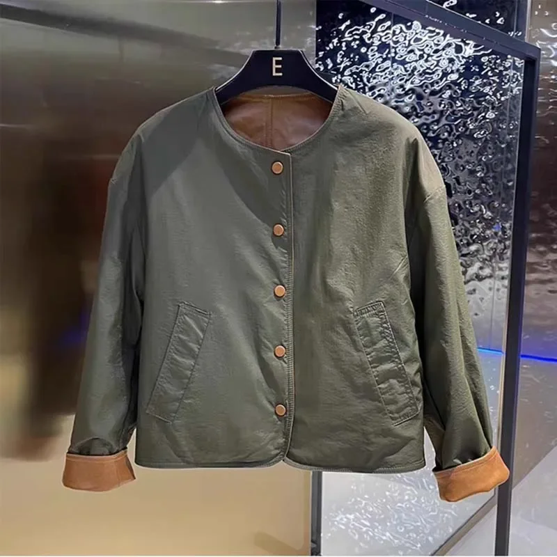 معطف نسائي ربيعي من الجلد الطبيعي سترة عصرية فاخرة قابلة للعكس بصدر واحد ملابس قصيرة الطول ذات جودة عالية