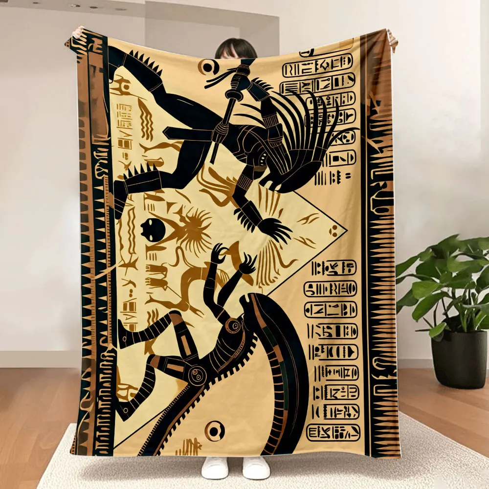 Egyptian Hieroglyphic Art Blanket - Stylized Monochromatic Throw with Anubis - like Deity & Serpentine Creature, Decorated with