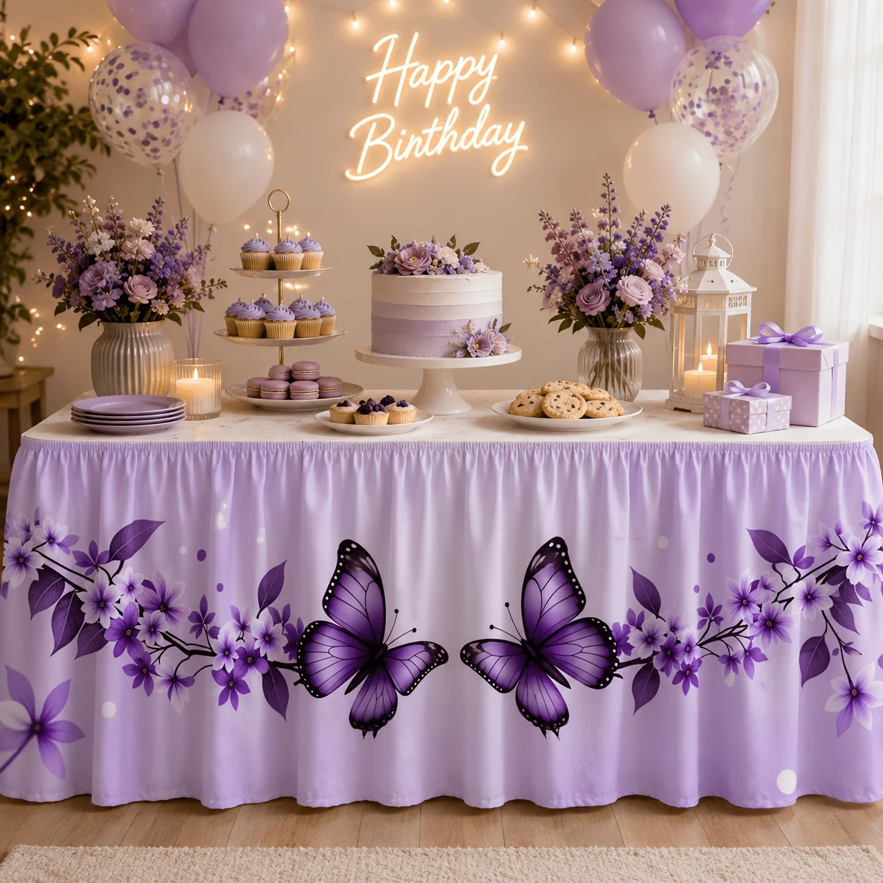 Party table skirt, 1 piece, purple butterfly floral tablecloth, suitable for birthday parties, spring tea parties