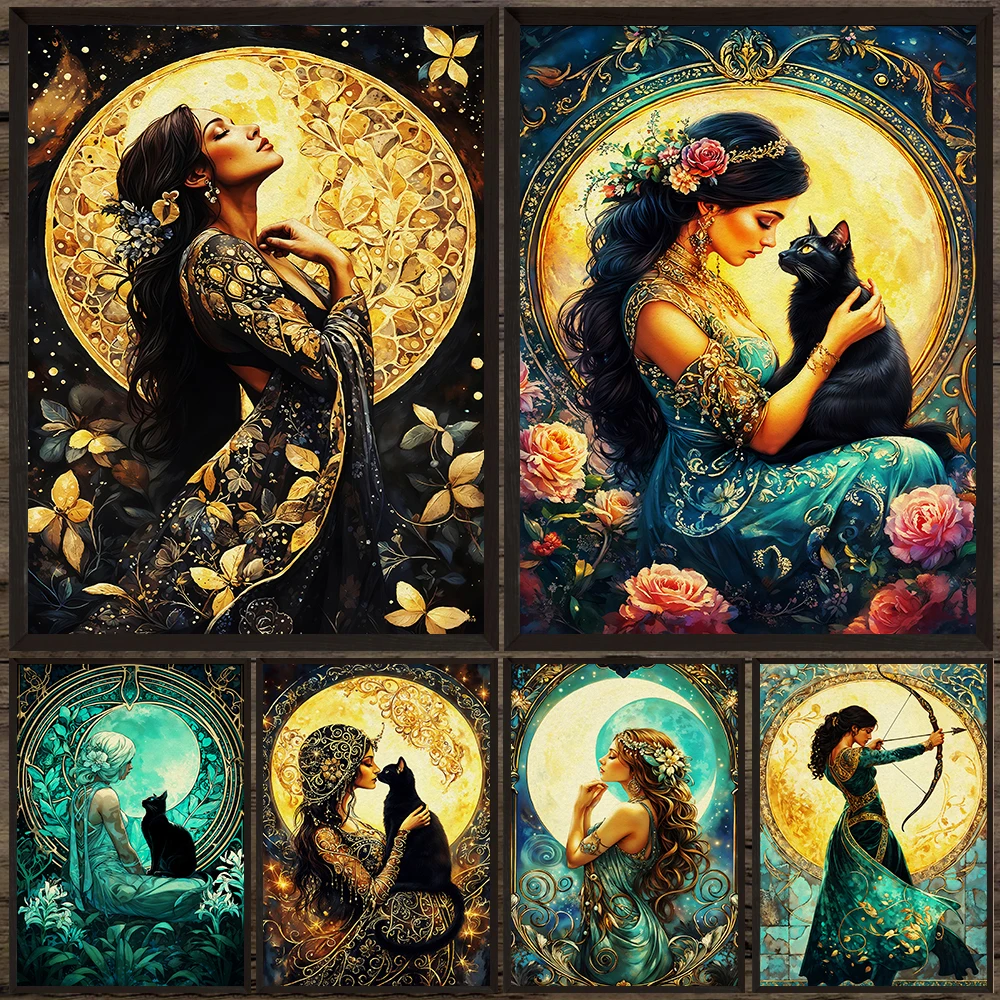 Nouveau Moon Goddess Artemis Boho Art Poster Print,Witchcraft And Moon Magic Print,Divine Feminine Artwork Canvas Painting Decor