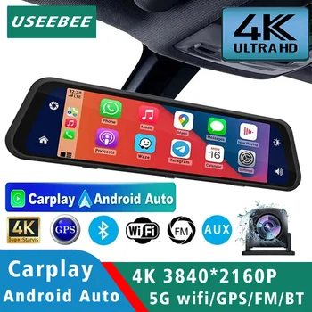 4K Car DVR Carplay Android-Auto Dash Cam Stream Rearview Mirror GPS 5G WIFI FM Radio AUX Dashcam Camera Dual Lens Driver Recorder