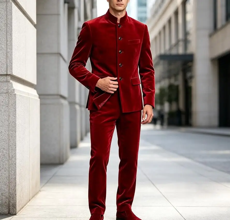 New Stand Collar Red Velvet Suits for Men Two Pieces Classic Style Men's Suits Wedding Party Dresswear Formal Prom Party Tuxedo