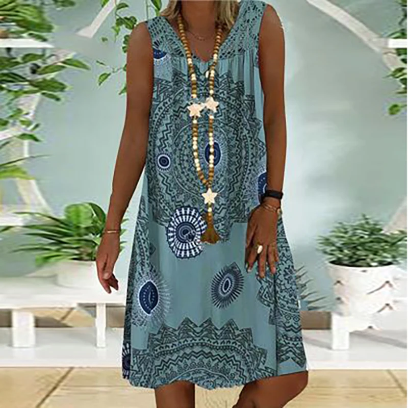 

Street Curved Hem Robe Printed Deep V-neck Dress Women's Sleeveless Stitching Women's Long A- line Beach Dress 2023 Summer