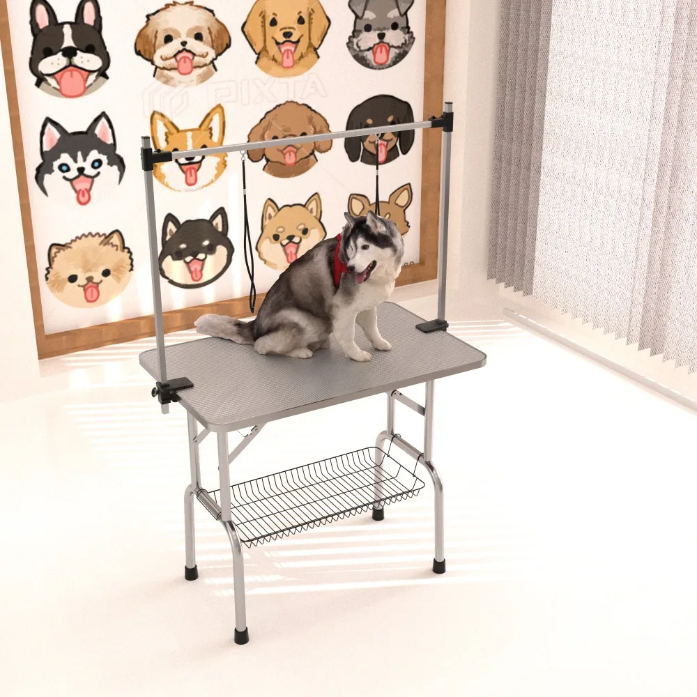 

46" Folding Dog Pet Grooming Table Stainless Steel Frame Rubber Mat on Board with Adjustable Arm and Clamps