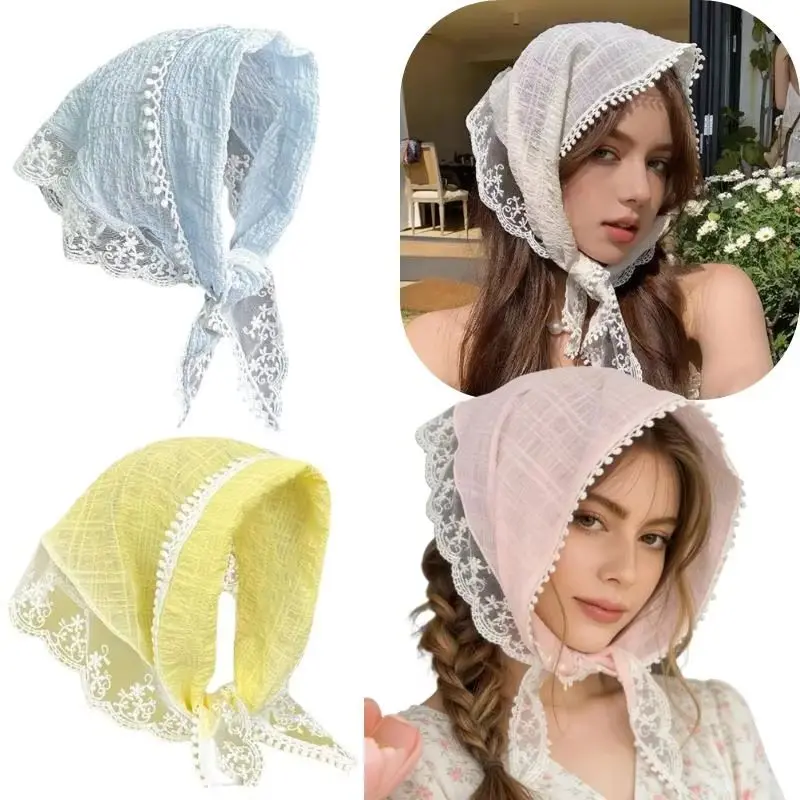 Sweet French Style Lace Triangle Scarf Bohemia Summer Hollow Floral Headband Ribbon Weave Print Beach Vacation Hair Accessories
