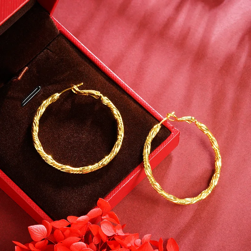 Unique surface craft enhances golden luster, women's Wrinkle Circle Earrings adopting premium 24K Gold AU999 material