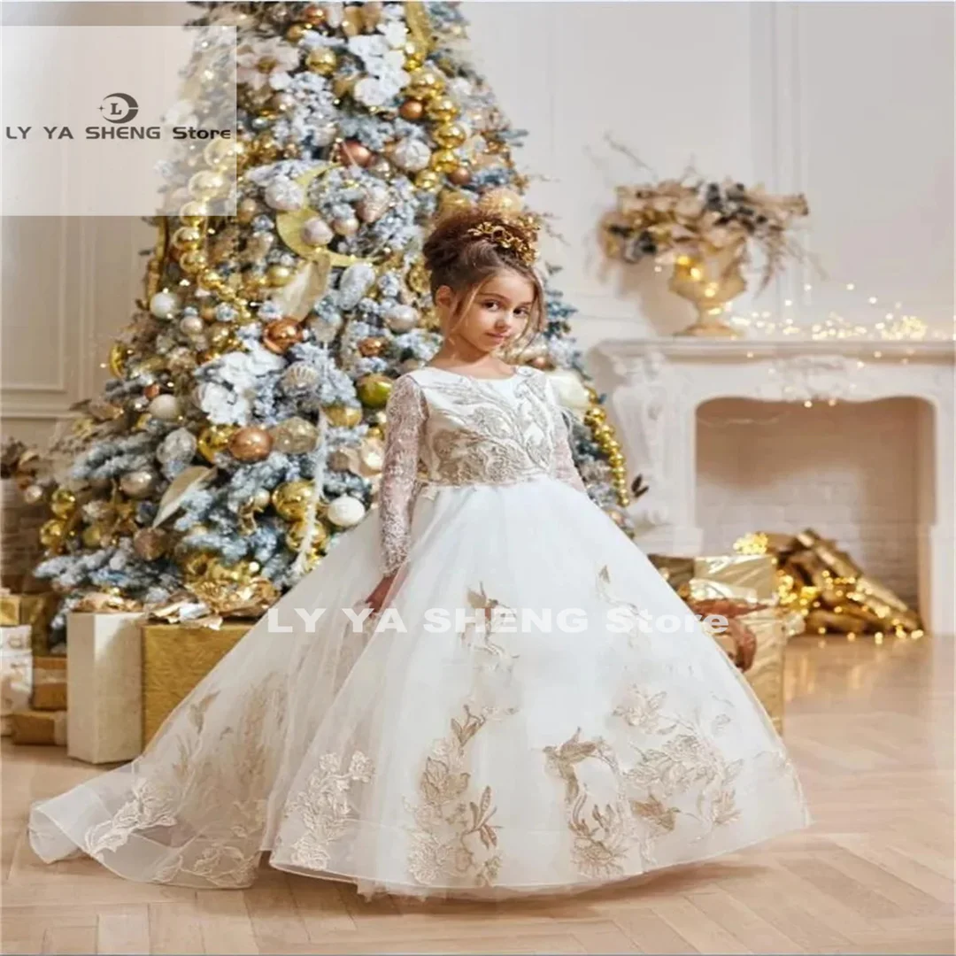 Nuovo abito da ragazza di fiori soffice tulle champagne pizzo matrimonio elegante piccolo fiore bambino prima comunione festa abito da principessa