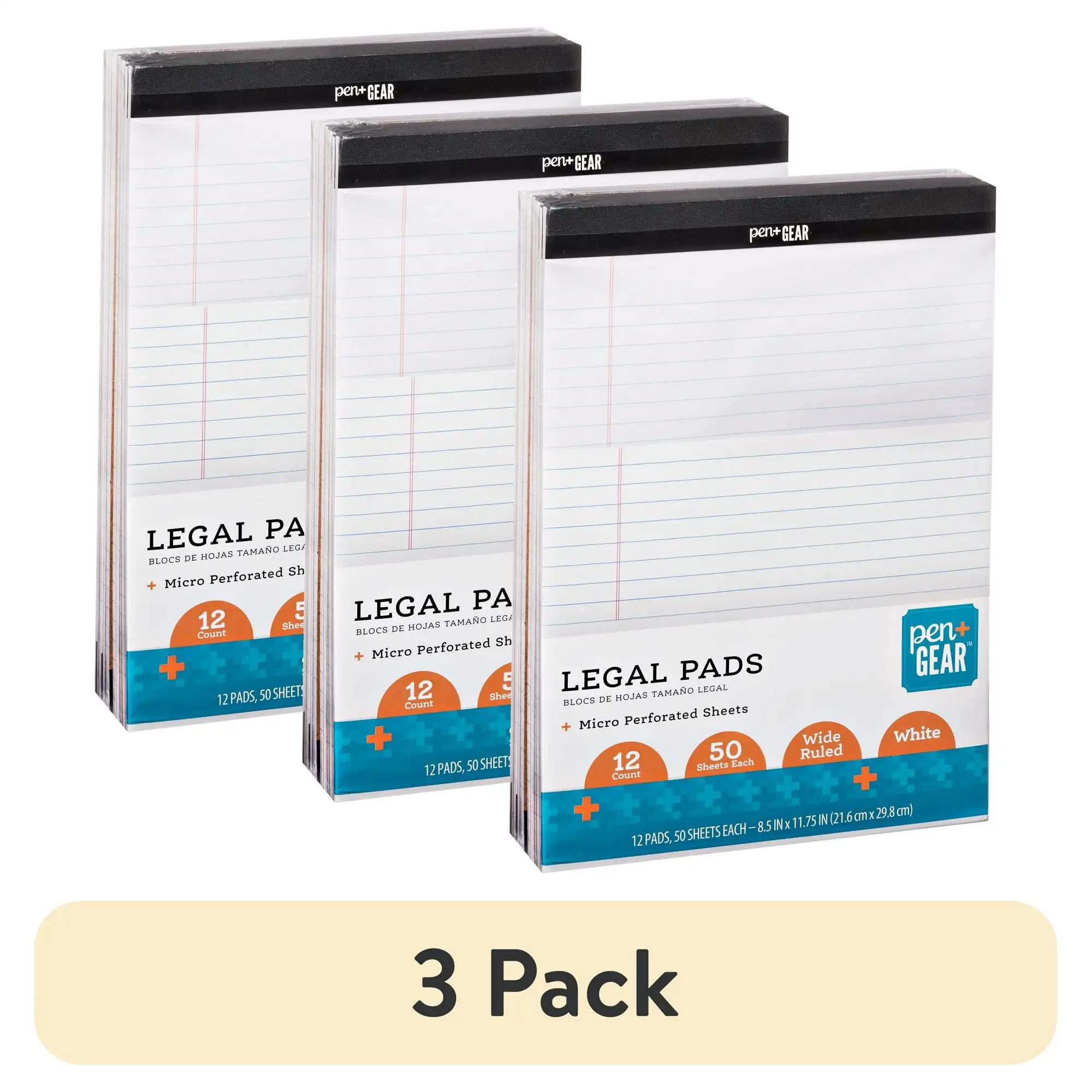 

(3 pack) Pen + Gear Wide Ruled Legal Pads, 8.5"x11", White, 50 Sheets, 12 Pack