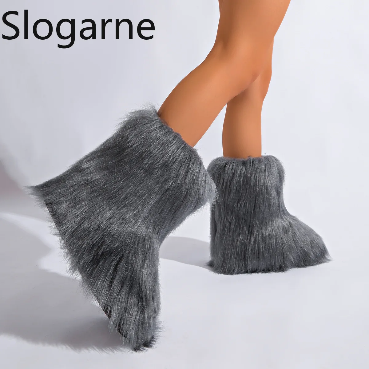 Botas elegantes de piel de zorro para mujer, regalos de Año Nuevo, botas de nieve de piel sintética de lujo, zapatos de plataforma esponjosos de invierno, zapatos cálidos de talla grande