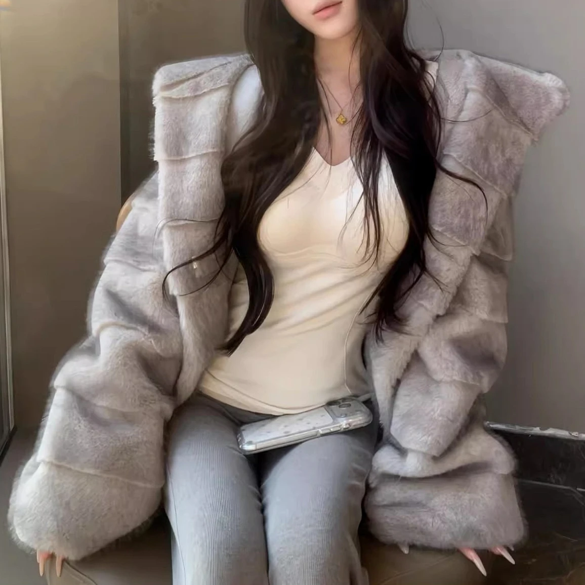 Faux Fur Women Coats Hooded Solid Jackets Long Sleeves Zipper Slight Strech Thick Straight Fit Elegant Casual 2026 Autumn Winter