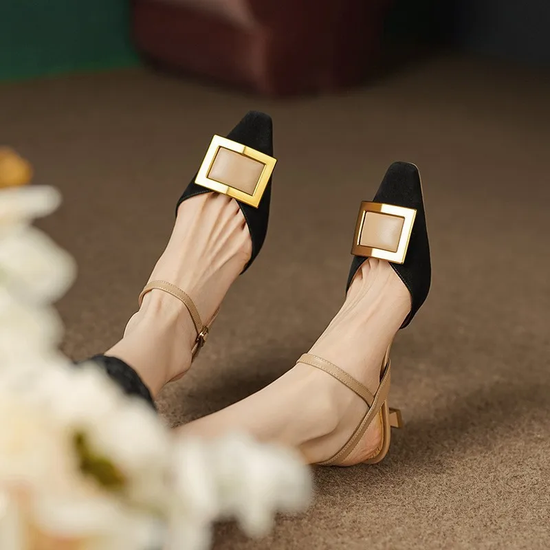 French Retro Metal Square Buckle Color Matching  Xia Fangtou Thin Middle Heel Stitching Baotou Empty Sandals Female Wholesale