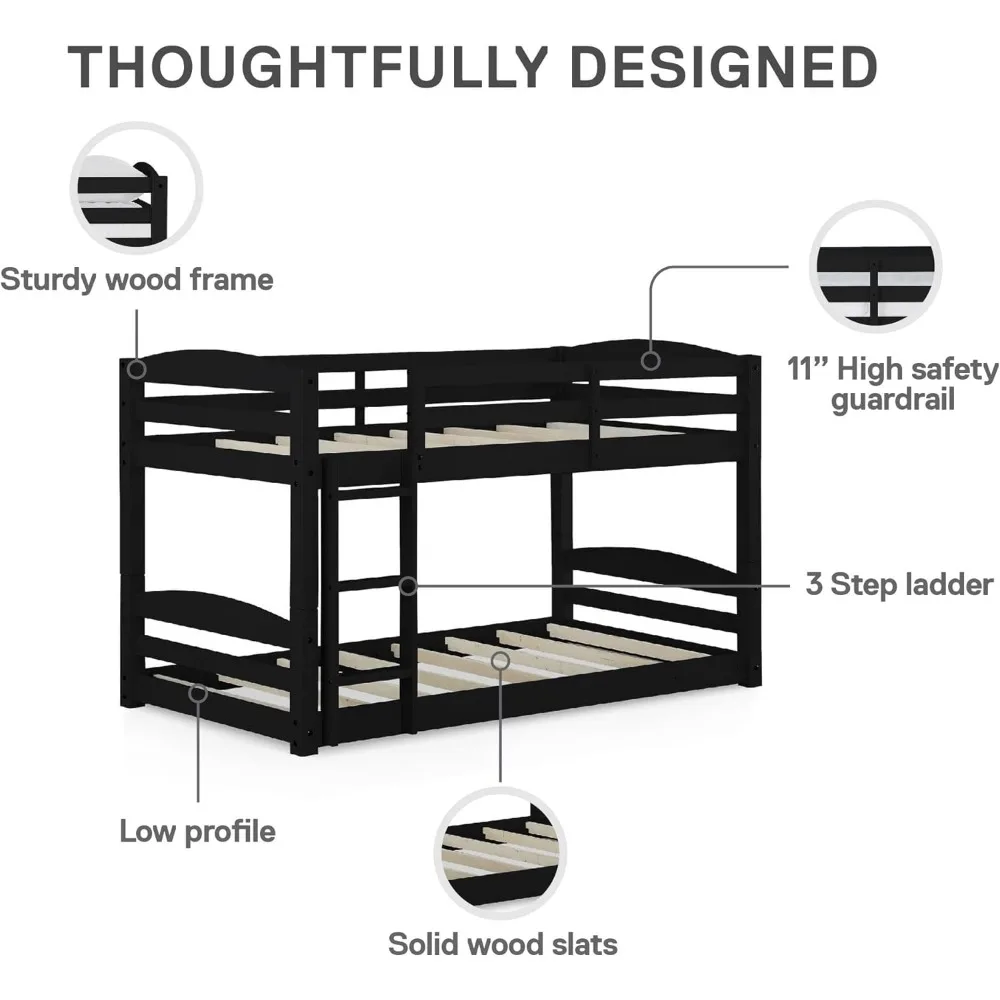 Convertible Low Wood Floor Beliche, Empilhável e destacável Bed Frames para crianças, madeira maciça, com escada, alta Guardrail