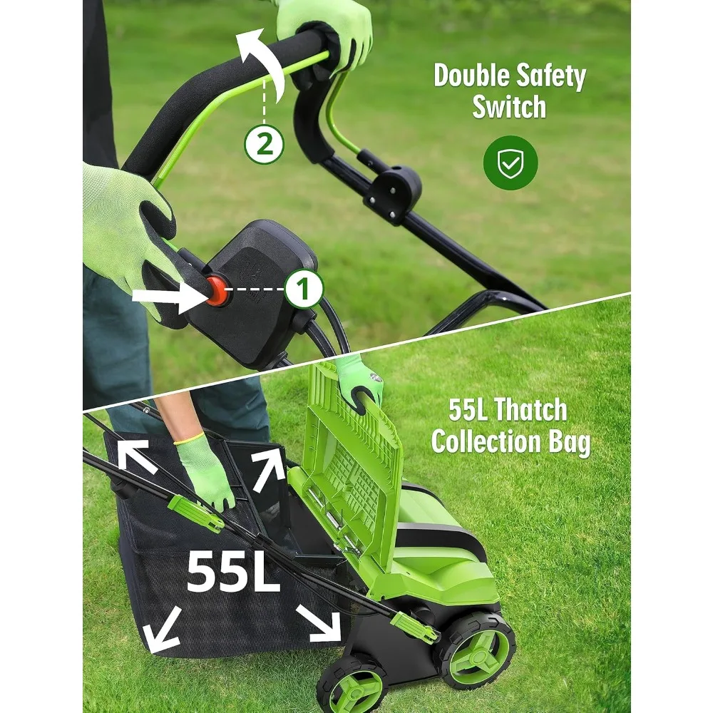 16-Inch 15 Amp Lawn Dethatcher with 5-Position Depth Control and 14.5 Gallon Removable Thatch Collection System for Efficient Ya