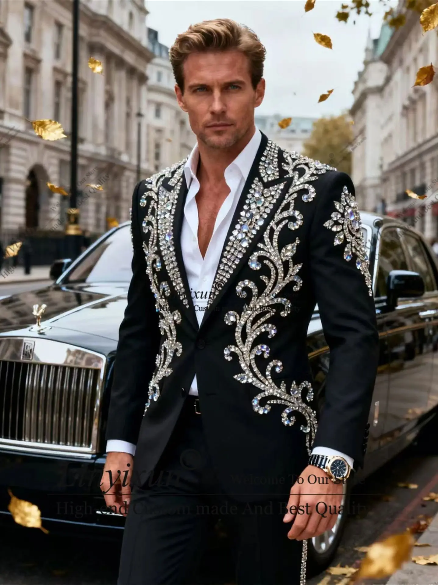 

High End Unique Crystals Rhinestones Men Suits Peaked Lapel Groom Tuxedos 2 Pieces Party Prom Blazer Customized Costume Homme