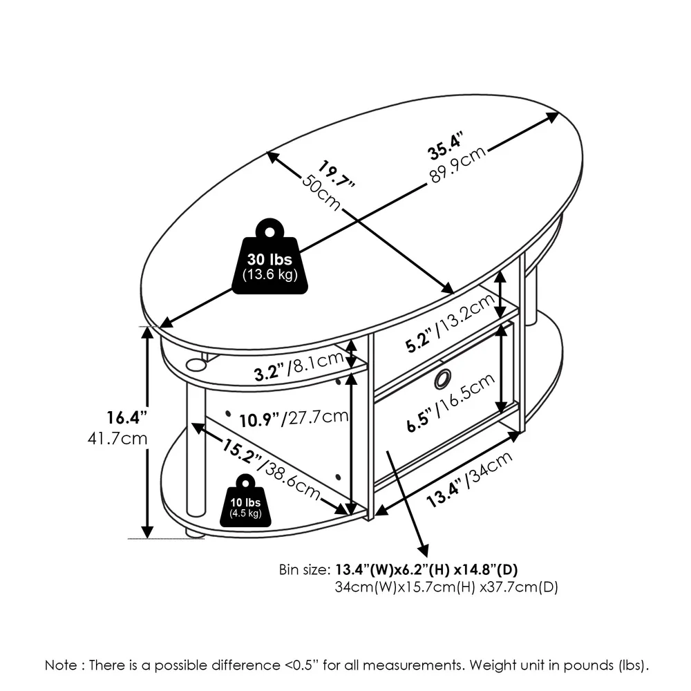 Oval Coffee Table with Storage Bin Minimalist Design Durable Particle Board Easy Assembly Indoor Use Rounded Edges Safety