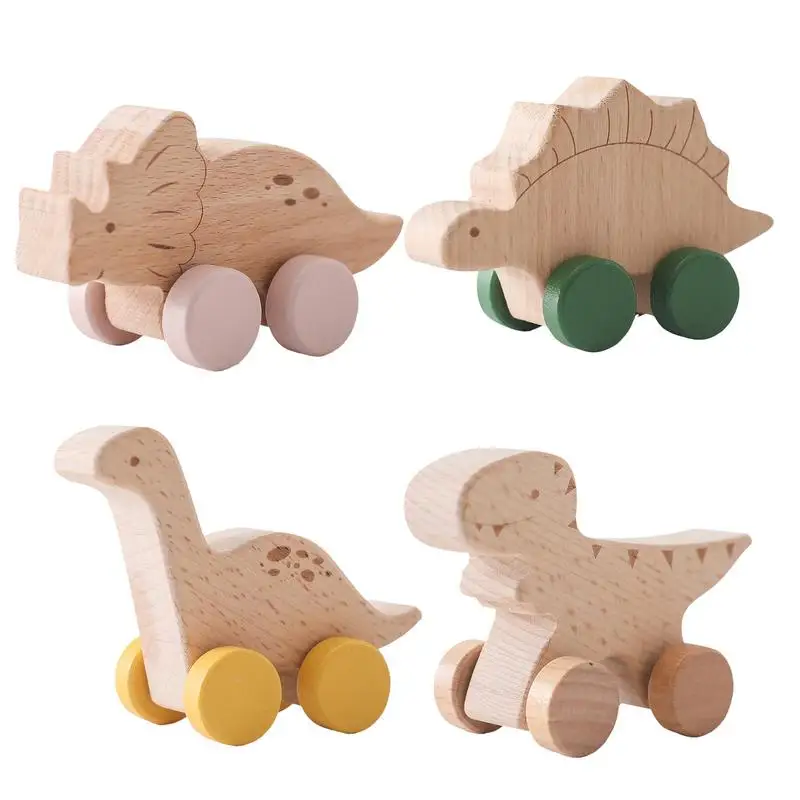 

Wooden Dinosaur Car 4PCS & Pull Kids Toys Dinosaur Critters Car For Toddler Kids Car Dinosaur Car For Babies 0-12 Months